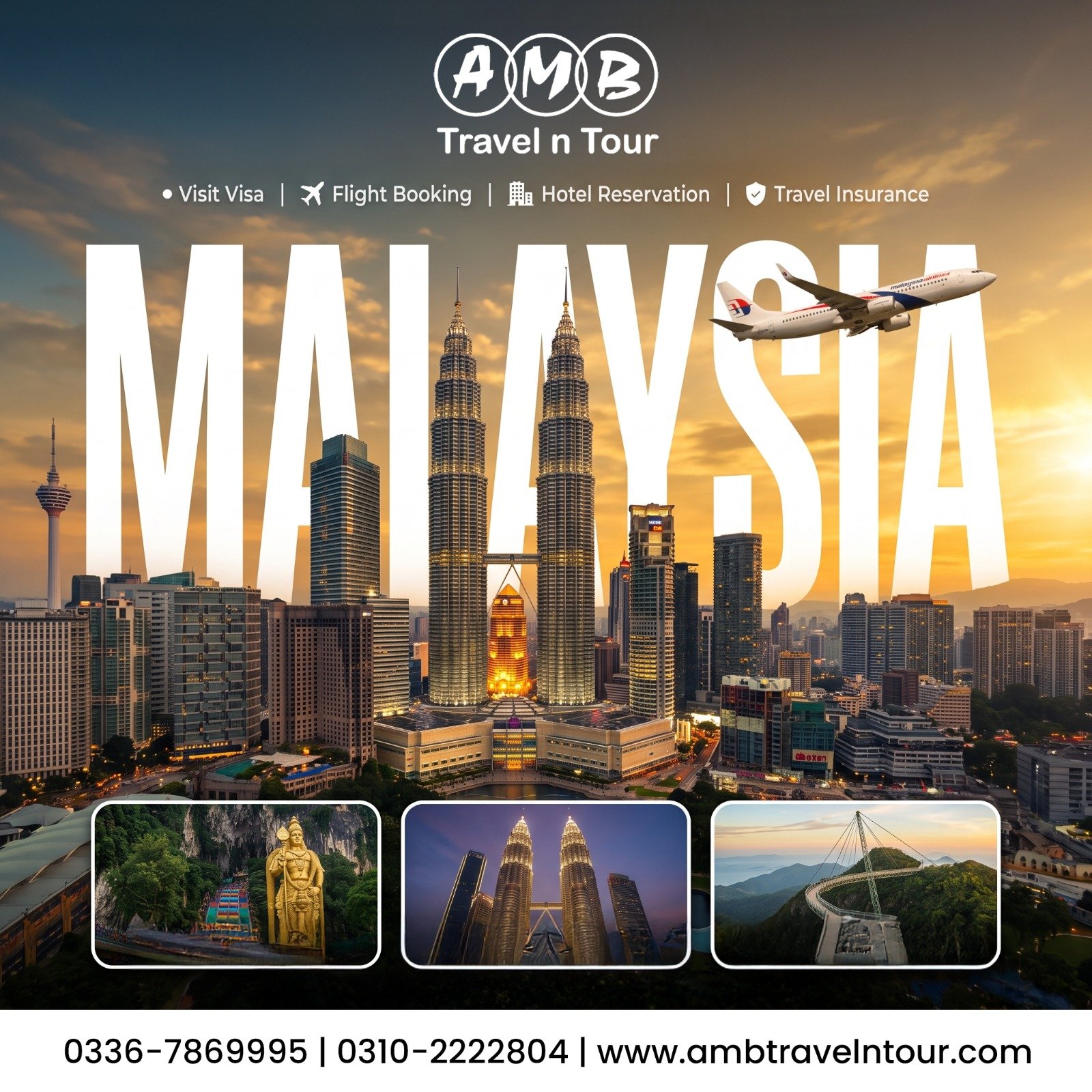 Malaysia visit visa and booking services poster from AMB Travel n Tour