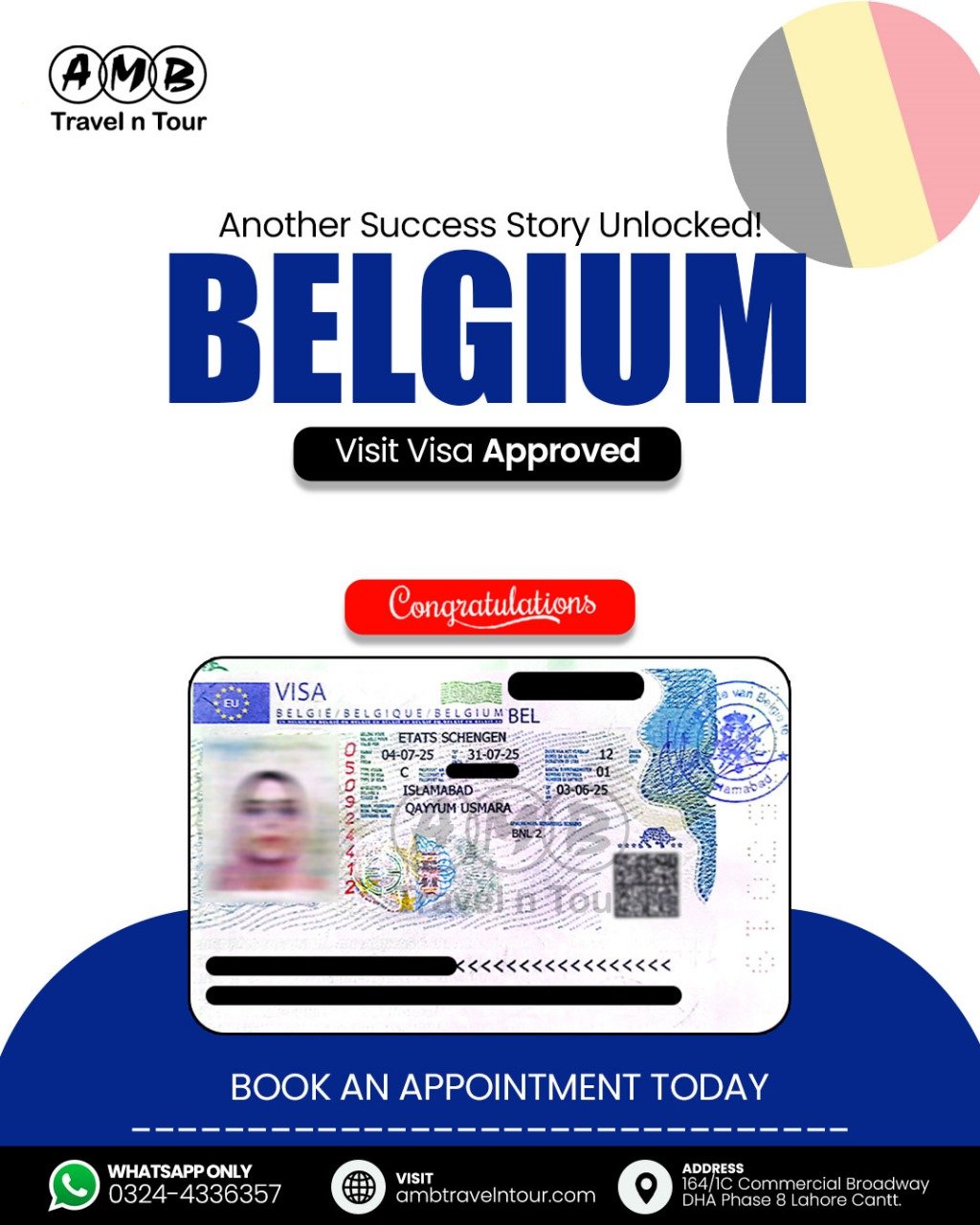 Belgium Schengen visit visa approval published by AMB Travel n Tour