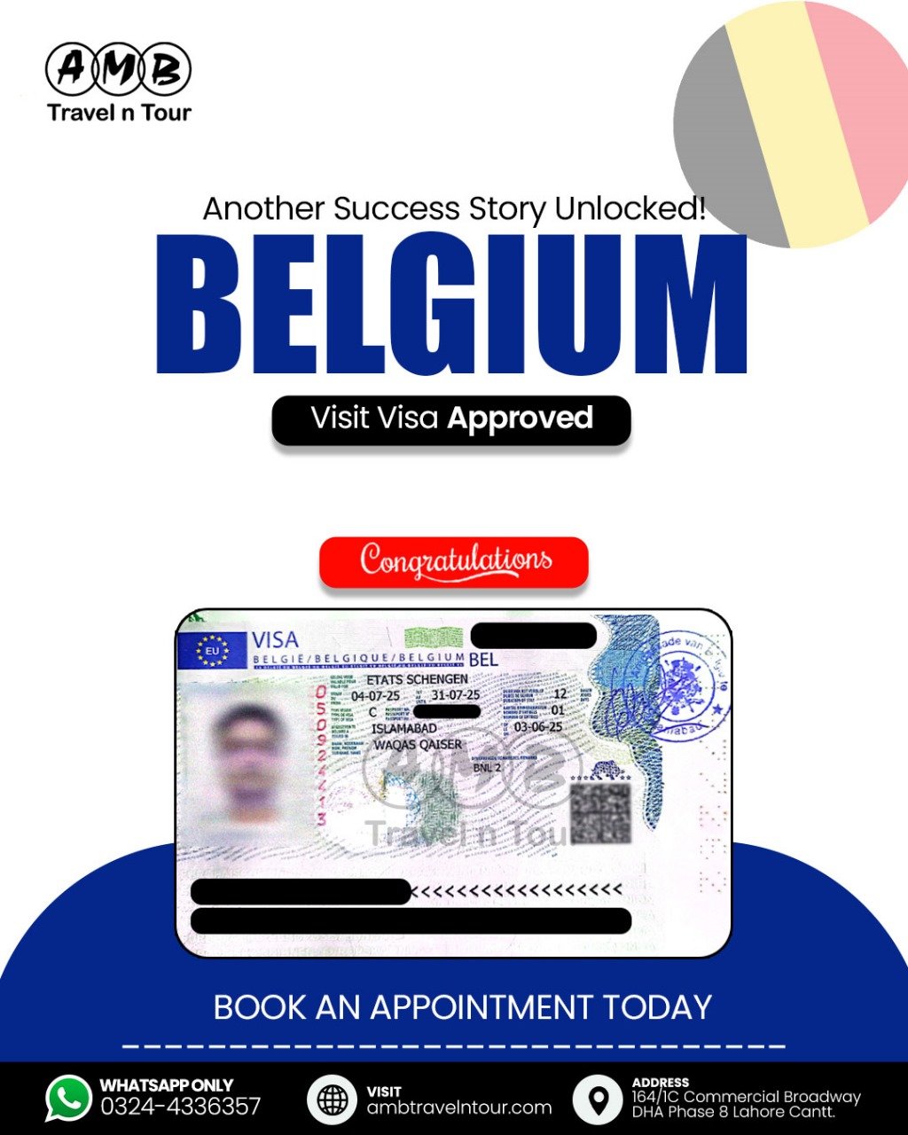 Belgium Schengen visit visa approval published by AMB Travel n Tour